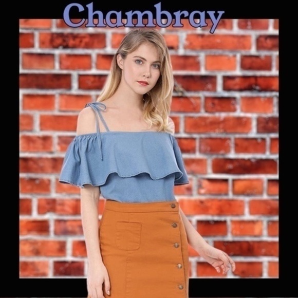 NWOT ALLEGRA K Chambray Denim Ruffle Off The Shoulder Self-Tie-Strap Top/LG - Picture 3 of 9